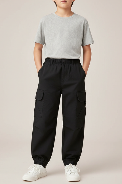 Pantalon Cargo Noir Enfant Ample Décontracté Multipoches - Coton