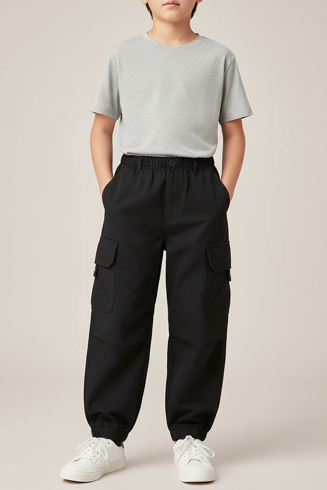Pantalon Cargo Noir Enfant Ample Décontracté Multipoches - Coton