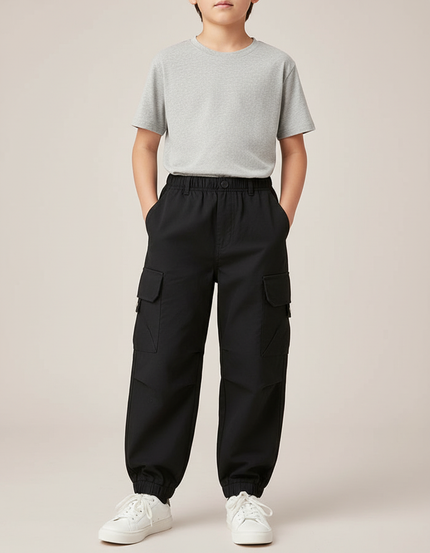 Pantalon Cargo Noir Enfant Ample Décontracté Multipoches - Coton