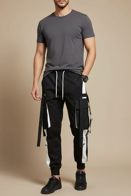 Pantalon Cargo Noir Blanc Bandes Multipoches Streetwear Homme - Toile