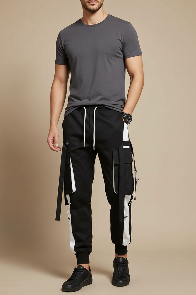 Pantalon Cargo Noir Blanc Bandes Multipoches Streetwear Homme - Toile