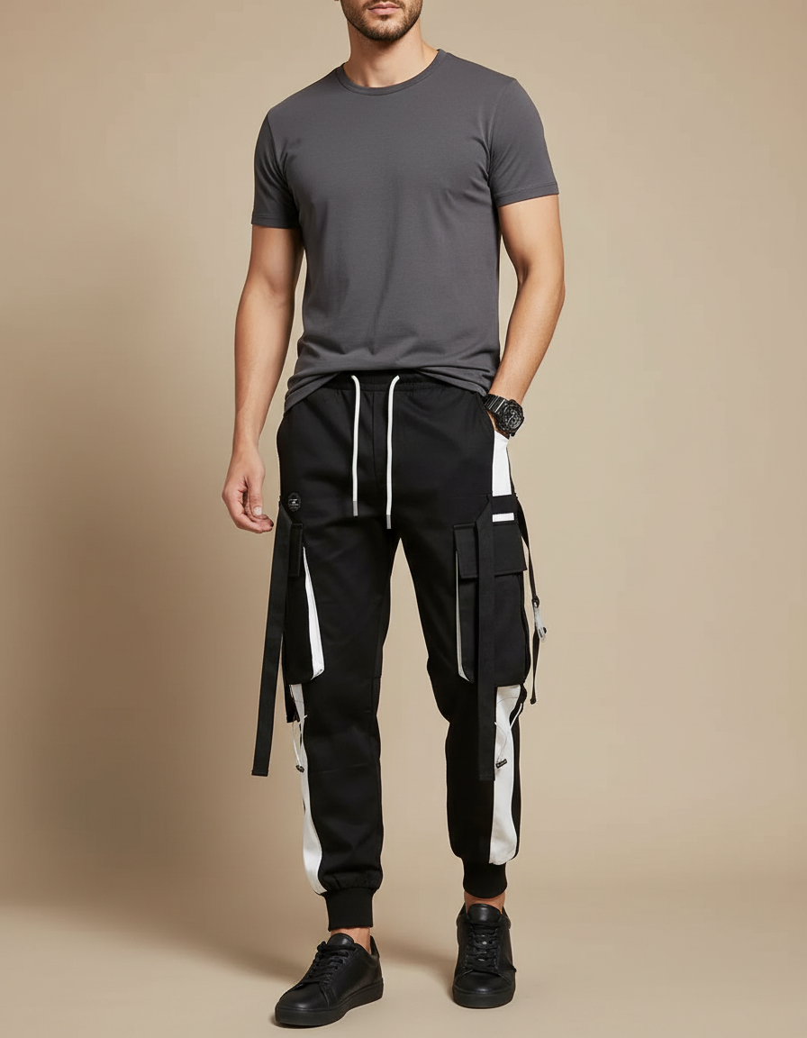 Pantalon Cargo Noir Blanc Bandes Multipoches Streetwear Homme - Toile