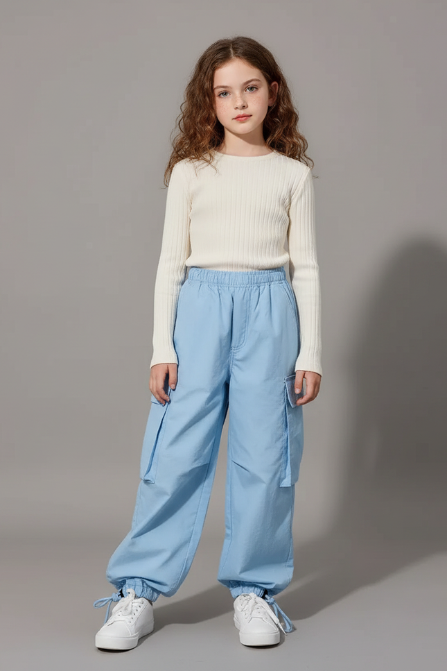 Pantalon Cargo Bleu Ample Décontracté Multipoches Fille - Polyester