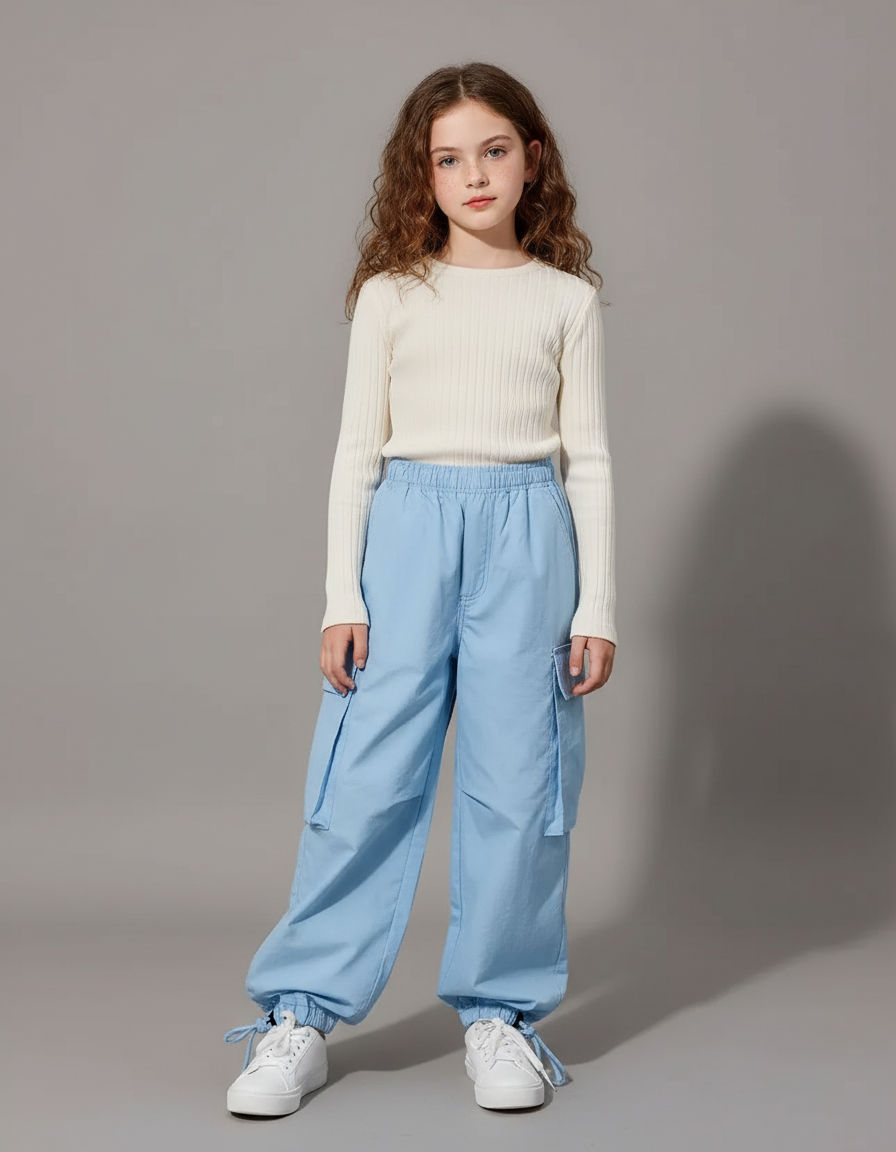 Pantalon Cargo Bleu Ample Décontracté Multipoches Fille - Polyester