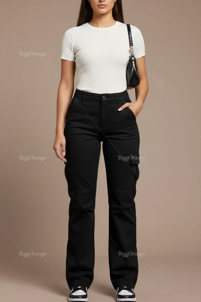 Pantalon Cargo Noir Droit, Multipoches, Décontracté - Coton