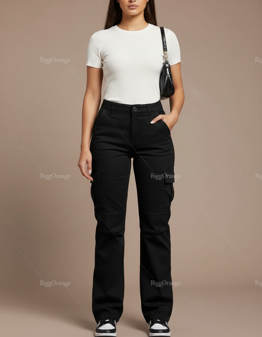 Pantalon Cargo Noir Droit, Multipoches, Décontracté - Coton