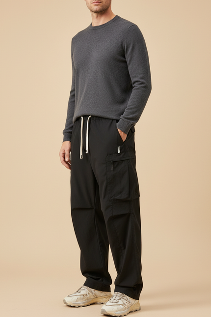 Pantalon Cargo Noir Décontracté Ample Multi-Poches Sportif - Polyester