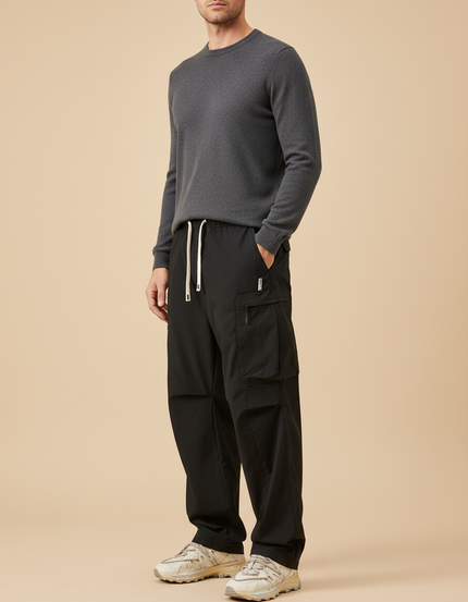 Pantalon Cargo Noir Décontracté Ample Multi-Poches Sportif - Polyester