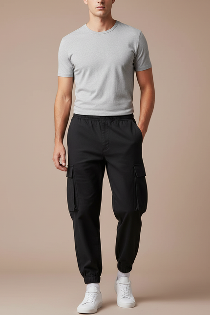 Pantalon Cargo Noir Homme Décontracté Ample Cordon - Coton