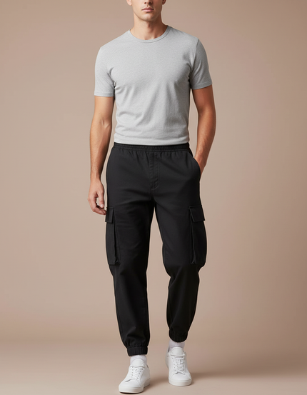 Pantalon Cargo Noir Homme Décontracté Ample Cordon - Coton