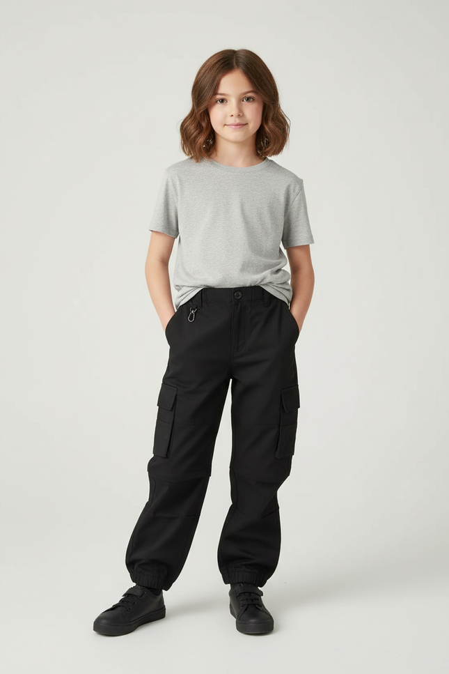 Pantalon Cargo Noir Décontracté Ample Enfant - Gabardine