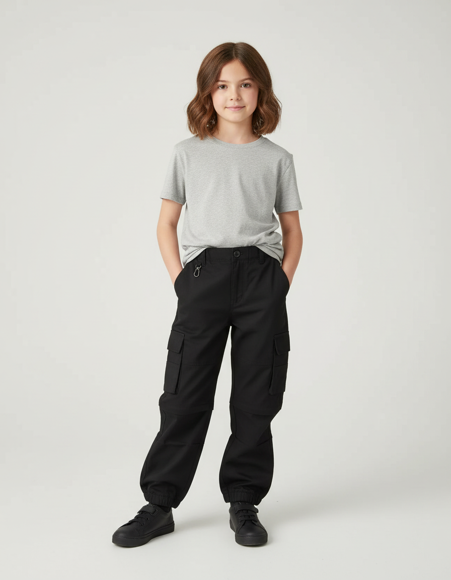 Pantalon Cargo Noir Décontracté Ample Enfant - Gabardine
