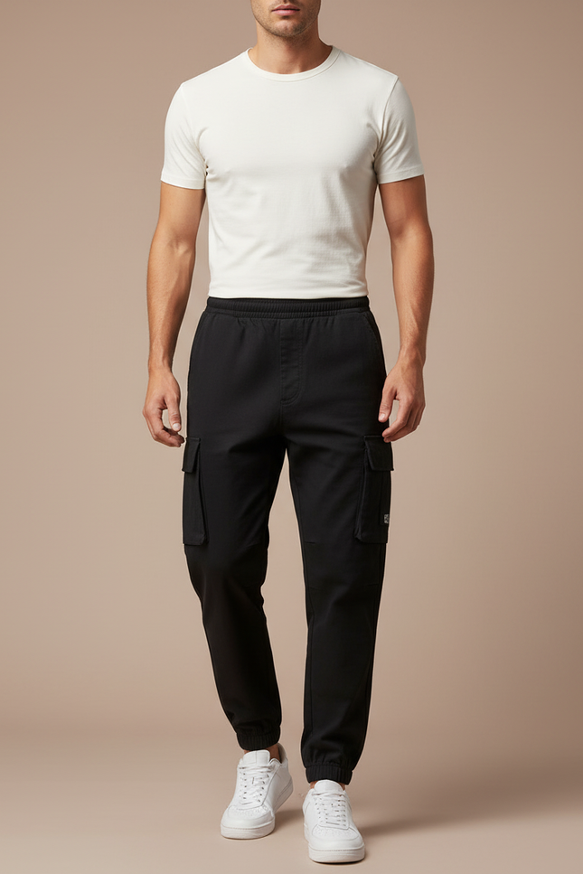 Pantalon Cargo Noir Décontracté Coton Homme Multipoches