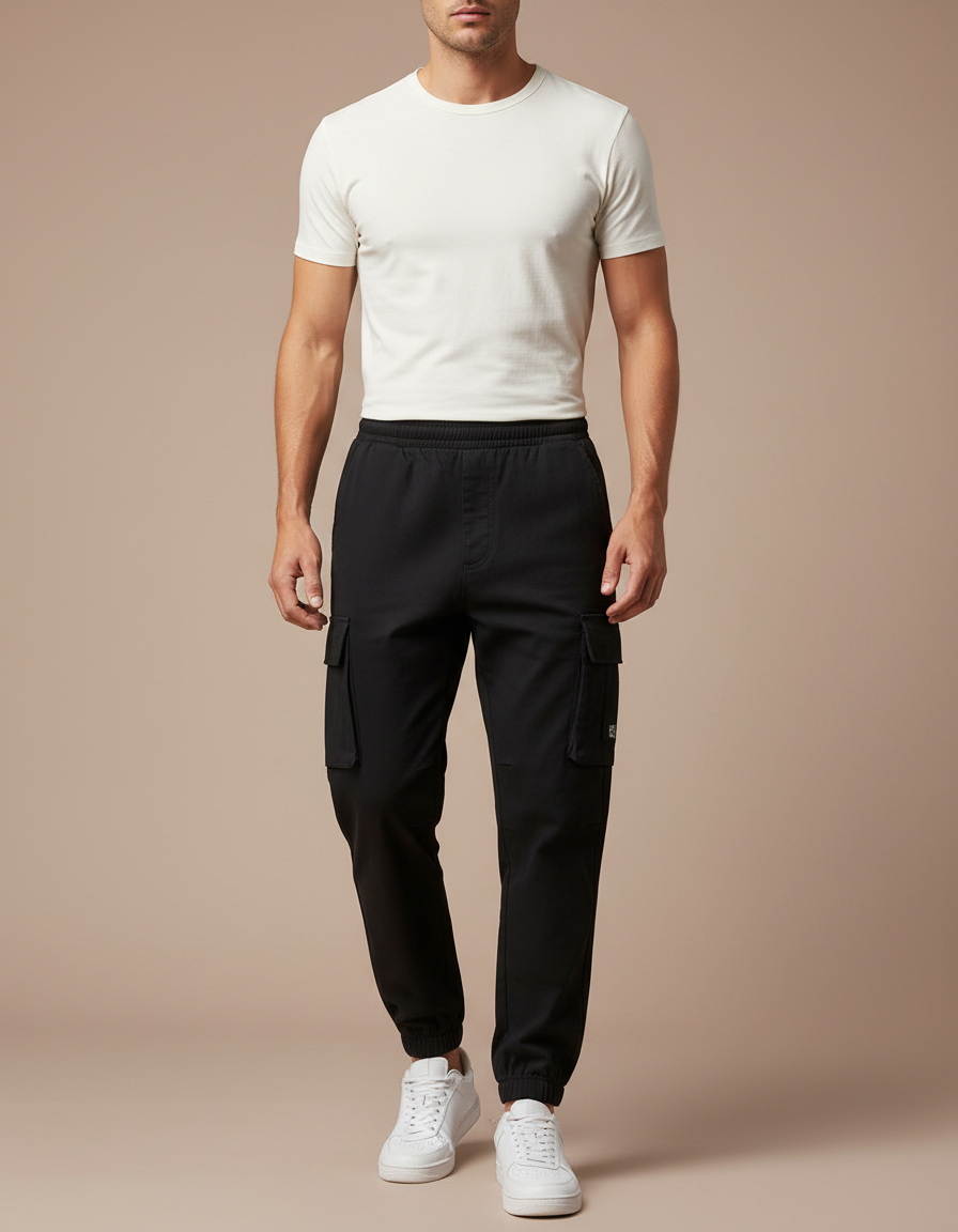Pantalon Cargo Noir Décontracté Coton Homme Multipoches