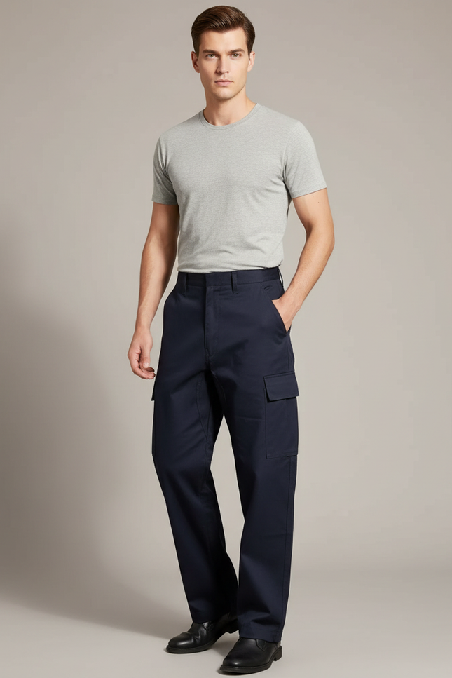 Pantalon Cargo Homme Bleu Marine Ample Coton - Toile