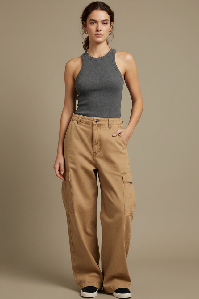Pantalon Cargo Marron Ample Décontracté Multipoches - Camel Toile