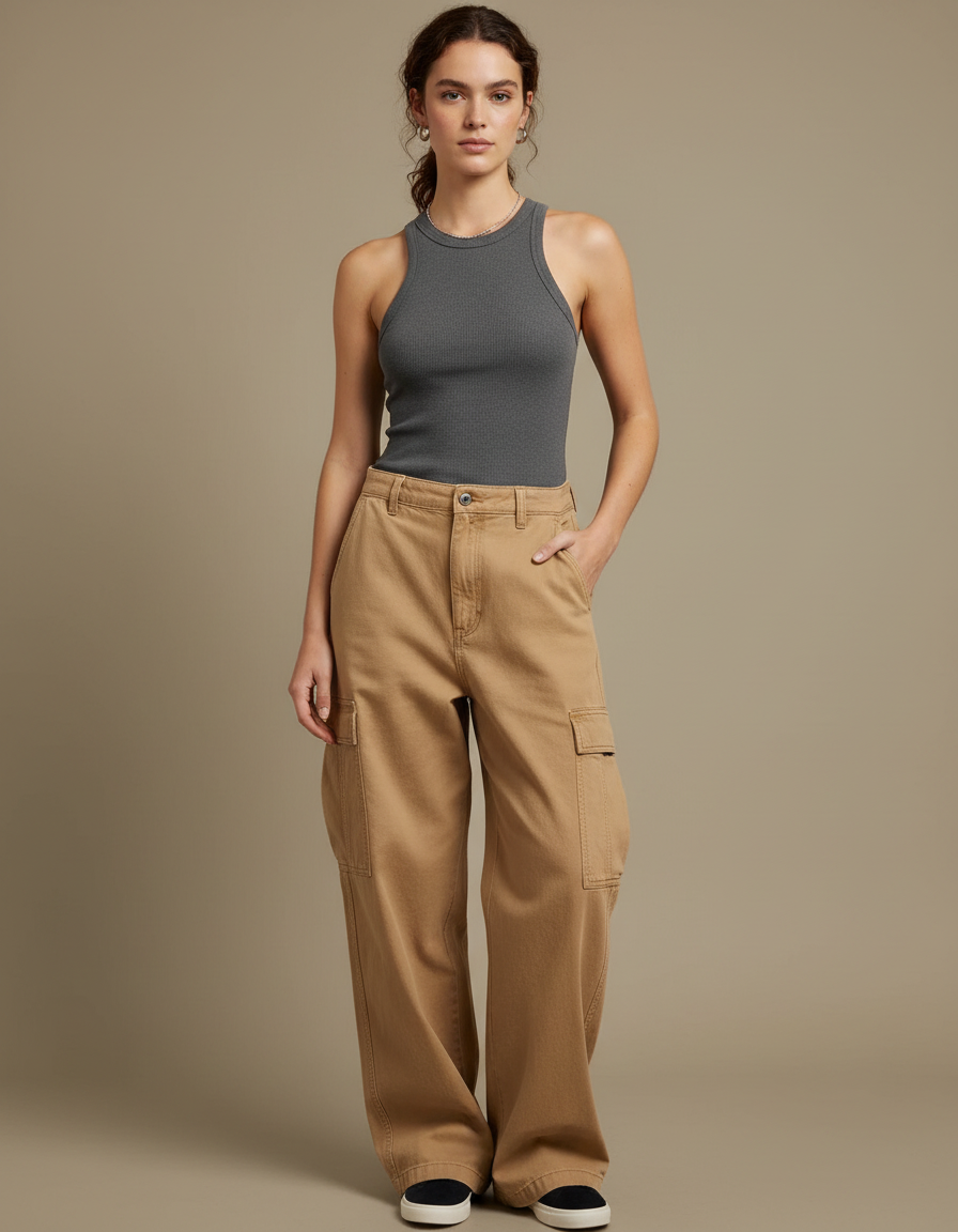 Pantalon Cargo Marron Ample Décontracté Multipoches - Camel Toile