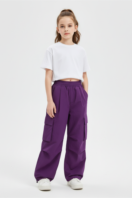 Pantalon Cargo Violet Ample Multipoches Fille Décontracté - Polyester
