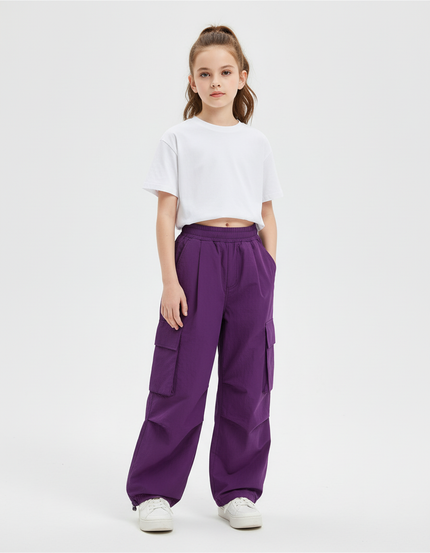 Pantalon Cargo Violet Ample Multipoches Fille Décontracté - Polyester