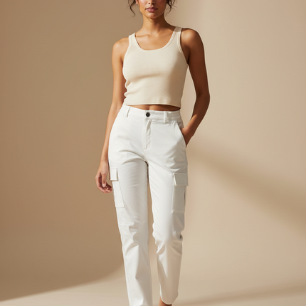 Pantalon Cargo Blanc Coupe Droite Décontracté Femme - Toile