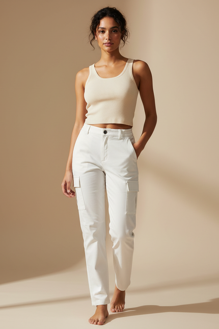 Pantalon Cargo Blanc Coupe Droite Décontracté Femme - Toile