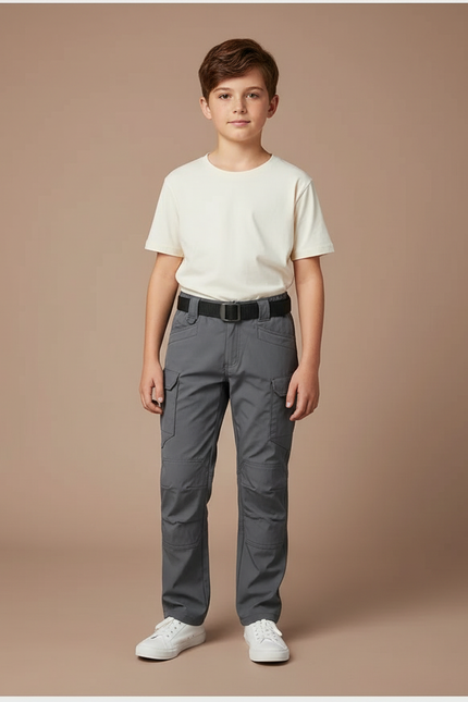Pantalon Cargo Gris Tactique Multipoches Enfant Résistant - Polyester
