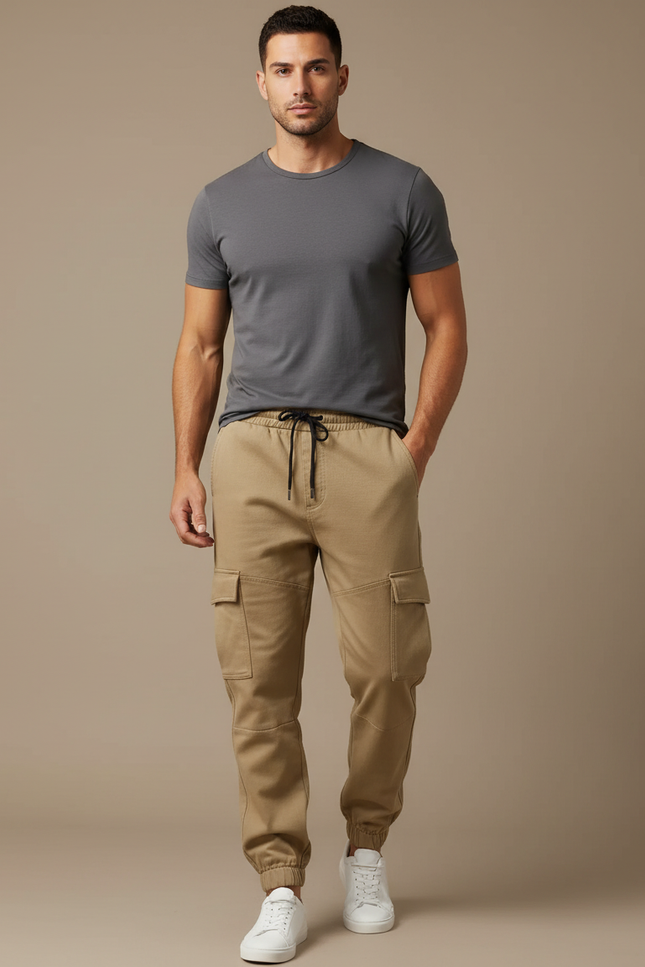 Pantalon Cargo Beige Coton Multipoches Homme Jogger