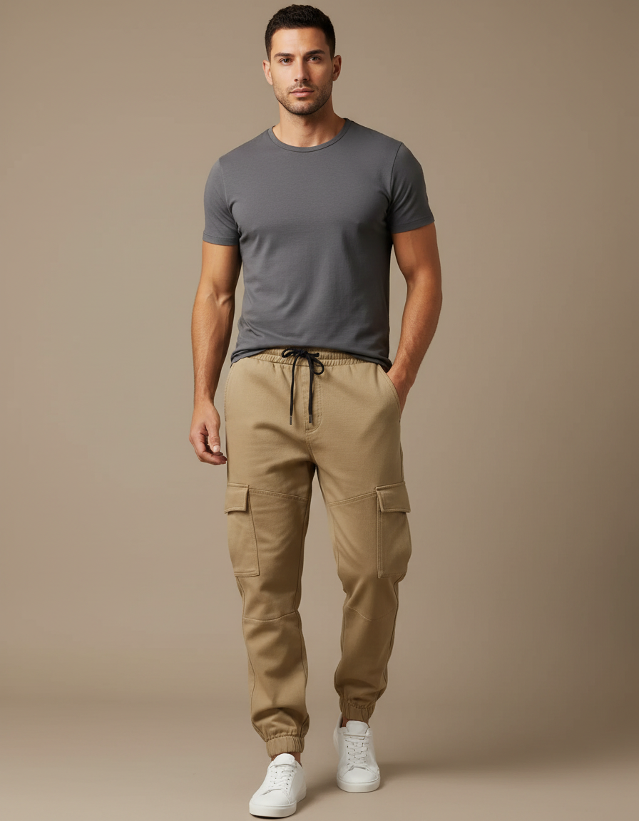 Pantalon Cargo Beige Coton Multipoches Homme Jogger