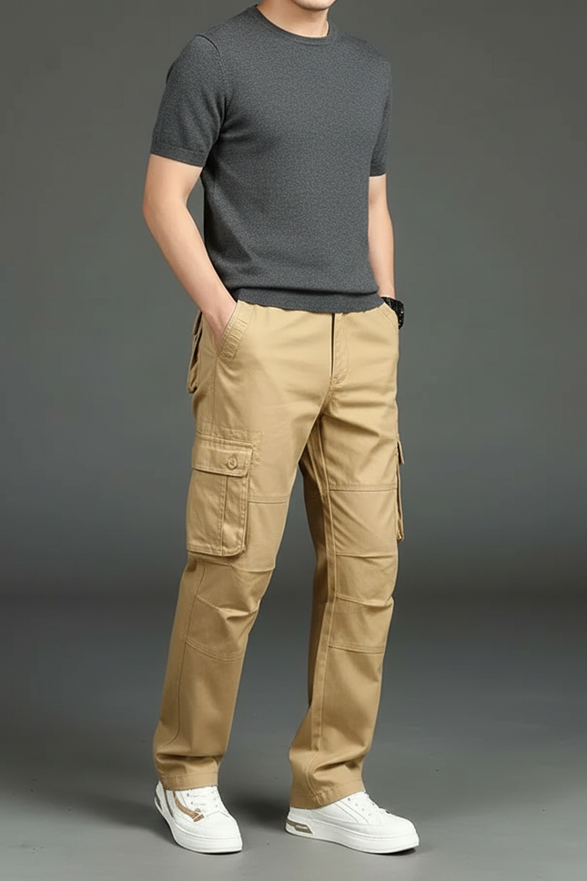 Pantalon Cargo Kaki Coton Ample Multipoches Confortable