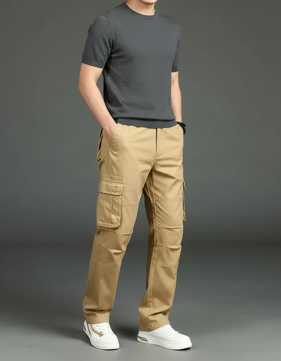 Pantalon Cargo Kaki Coton Ample Multipoches Confortable