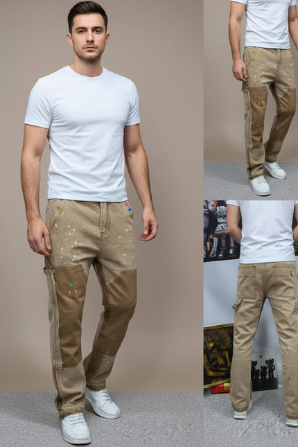Pantalon Cargo Beige Vintage Peint Patchwork Décontracté - Jean