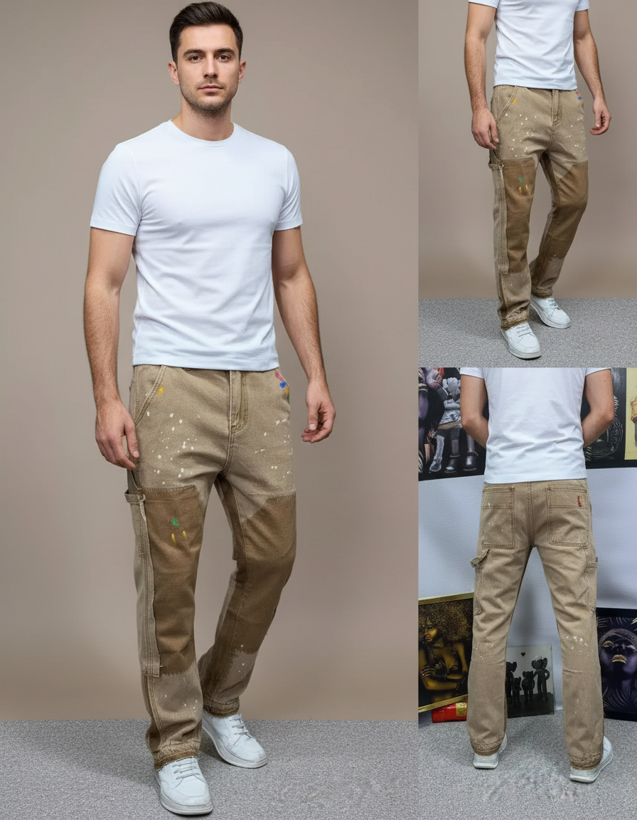 Pantalon Cargo Beige Vintage Peint Patchwork Décontracté - Jean