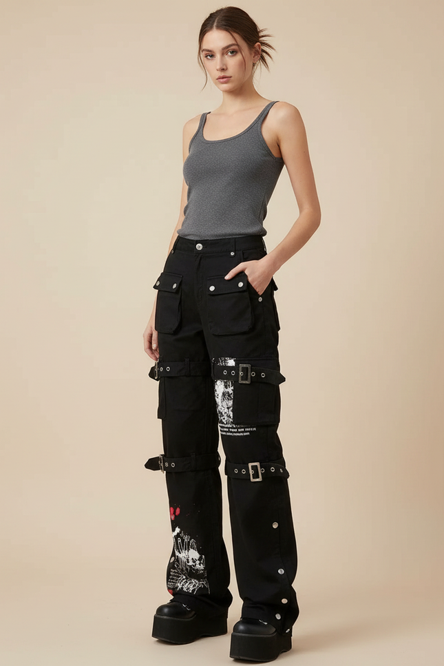 Pantalon Cargo Noir Gothique Imprimé Boucles Femme - Toile