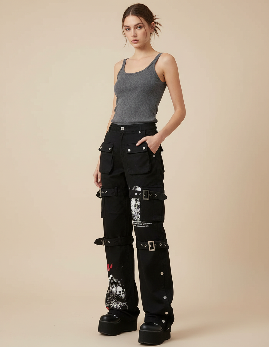 Pantalon Cargo Noir Gothique Imprimé Boucles Femme - Toile