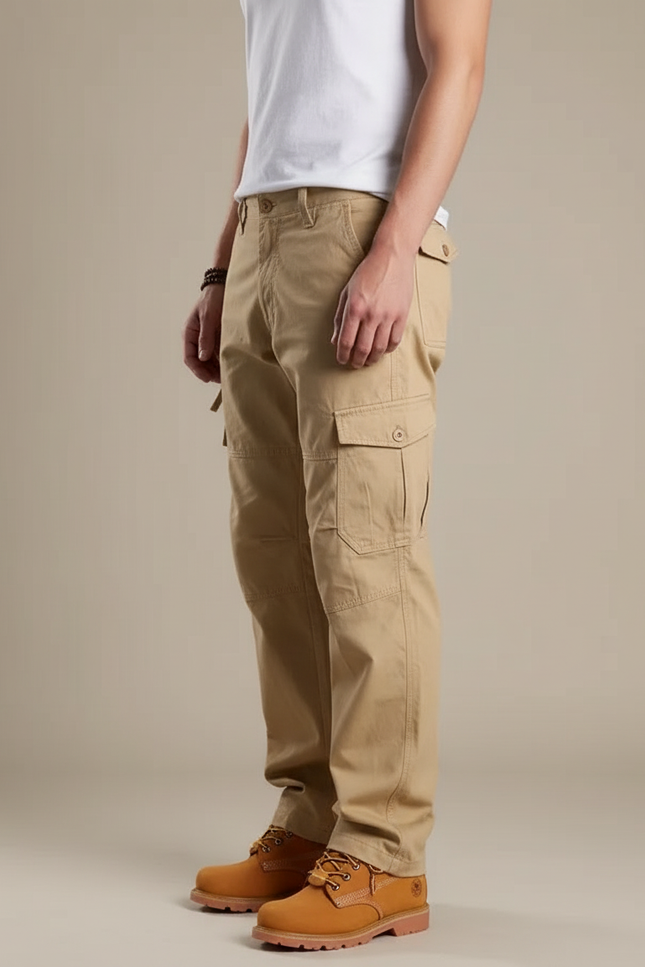 Pantalon Cargo Beige Coton Ample Multipoches Décontracté