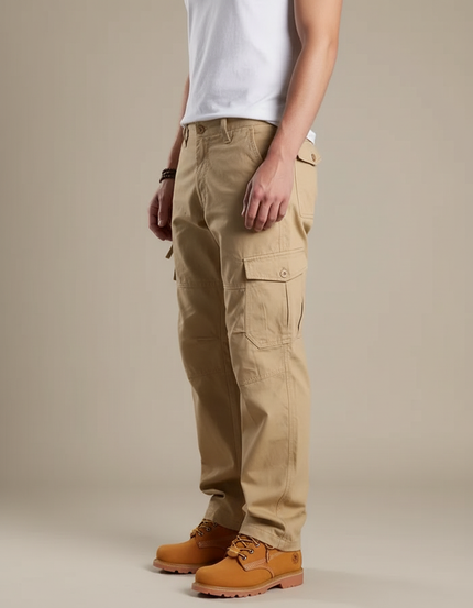 Pantalon Cargo Beige Coton Ample Multipoches Décontracté