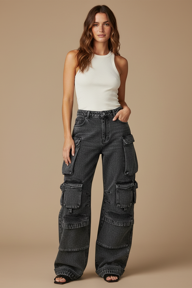Pantalon Cargo Baggy Denim Gris Multipoches Vintage Femme - Jean