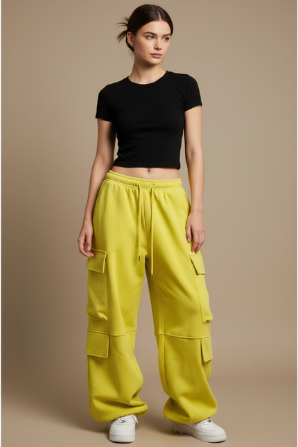 Pantalon Cargo Jaune Ample Coton Multipoches Femme - Molleton