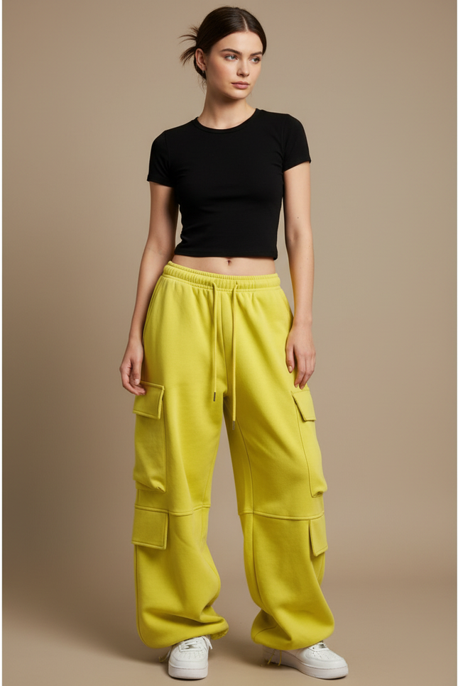 Pantalon Cargo Jaune Ample Coton Multipoches Femme - Molleton