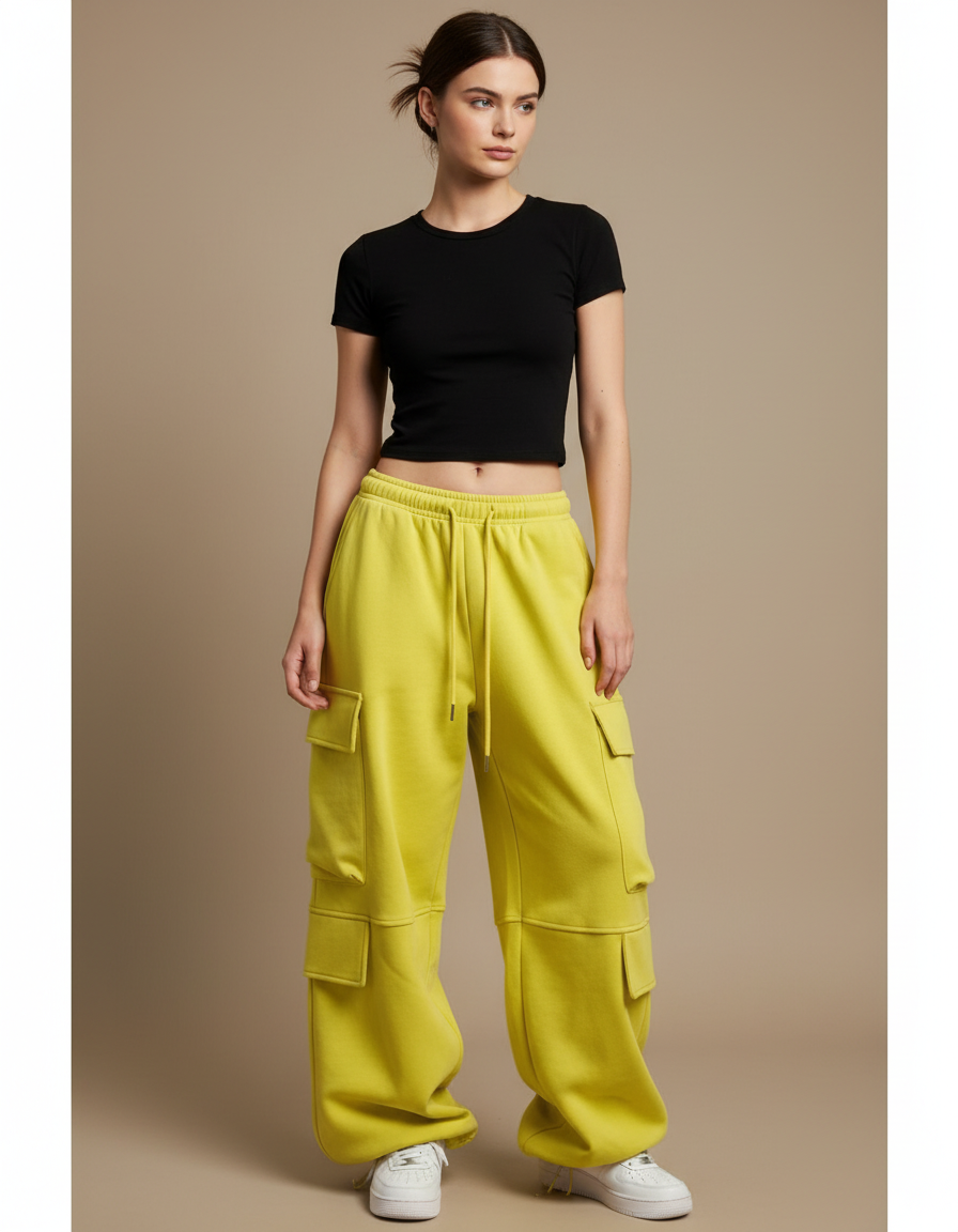 Pantalon Cargo Jaune Ample Coton Multipoches Femme - Molleton