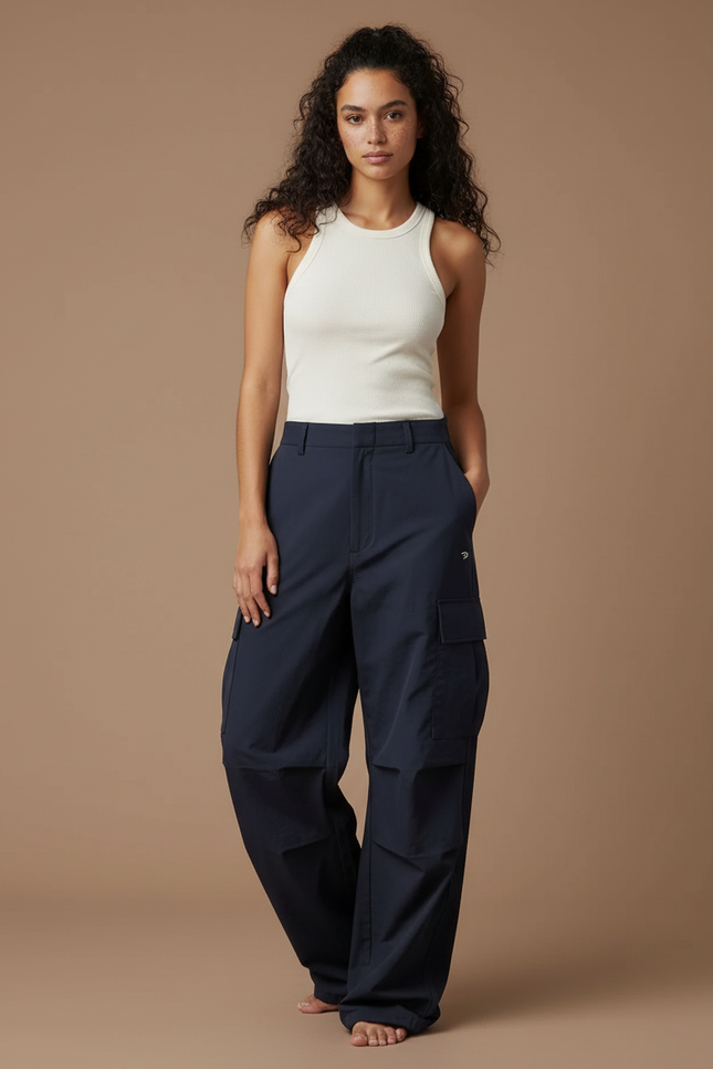 Pantalon Cargo Bleu Marine Ample Taille Haute Décontracté - Polyester
