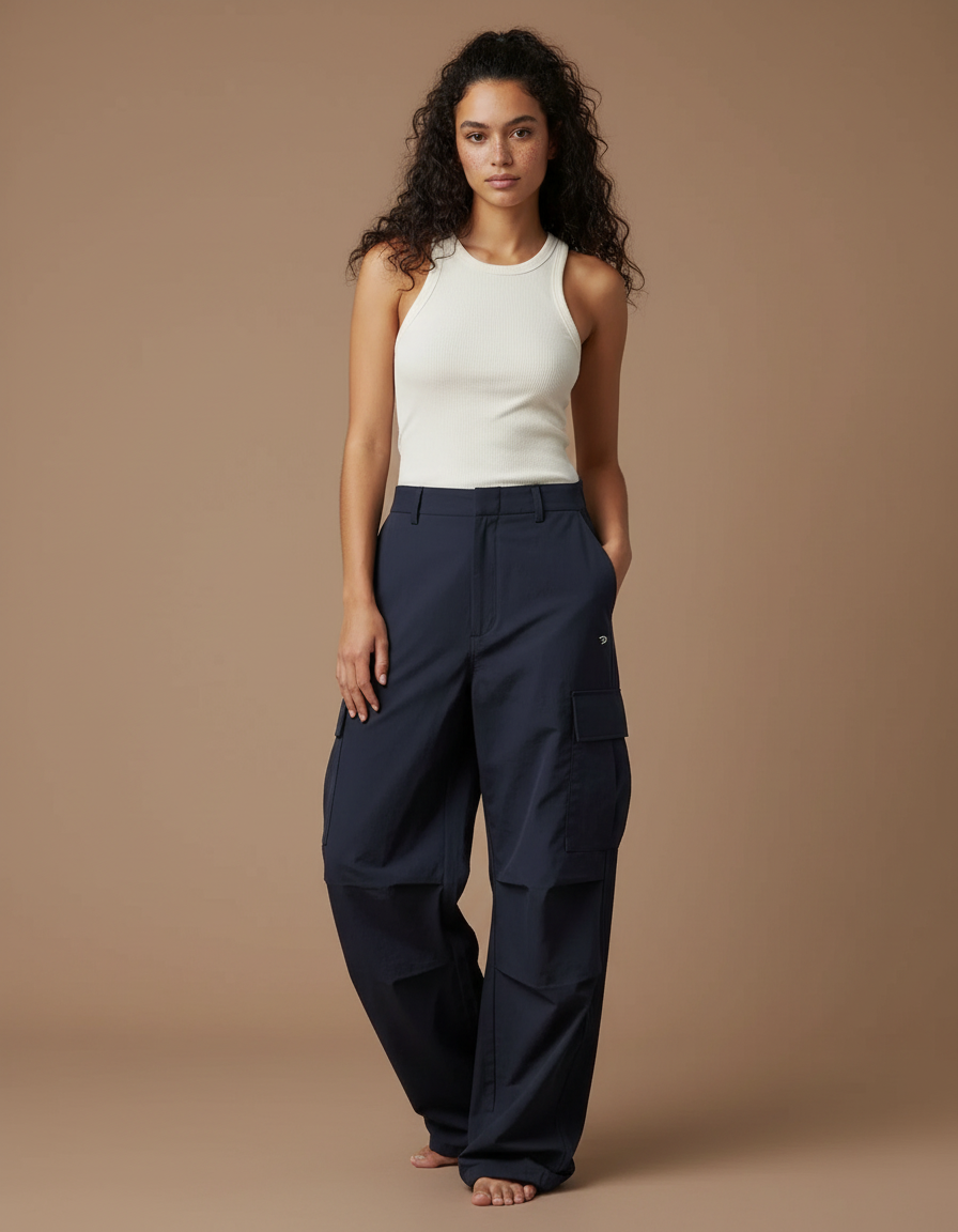 Pantalon Cargo Bleu Marine Ample Taille Haute Décontracté - Polyester