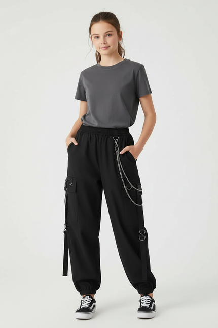Pantalon Cargo Noir Chaîne Ample Multipoches Fille - Polyester
