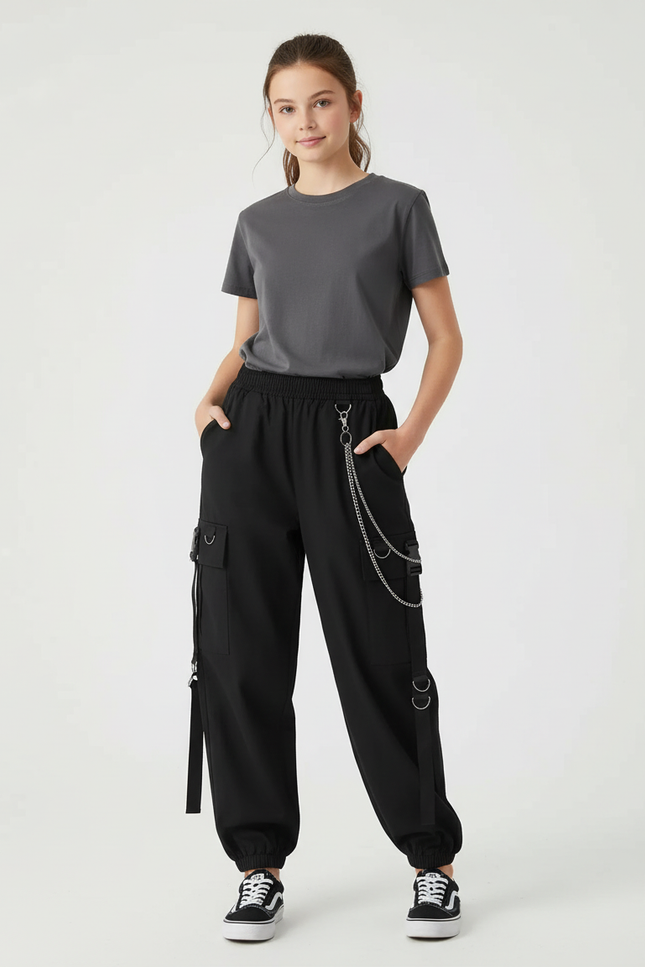 Pantalon Cargo Noir Chaîne Ample Multipoches Fille - Polyester