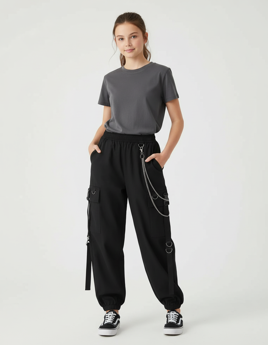 Pantalon Cargo Noir Chaîne Ample Multipoches Fille - Polyester