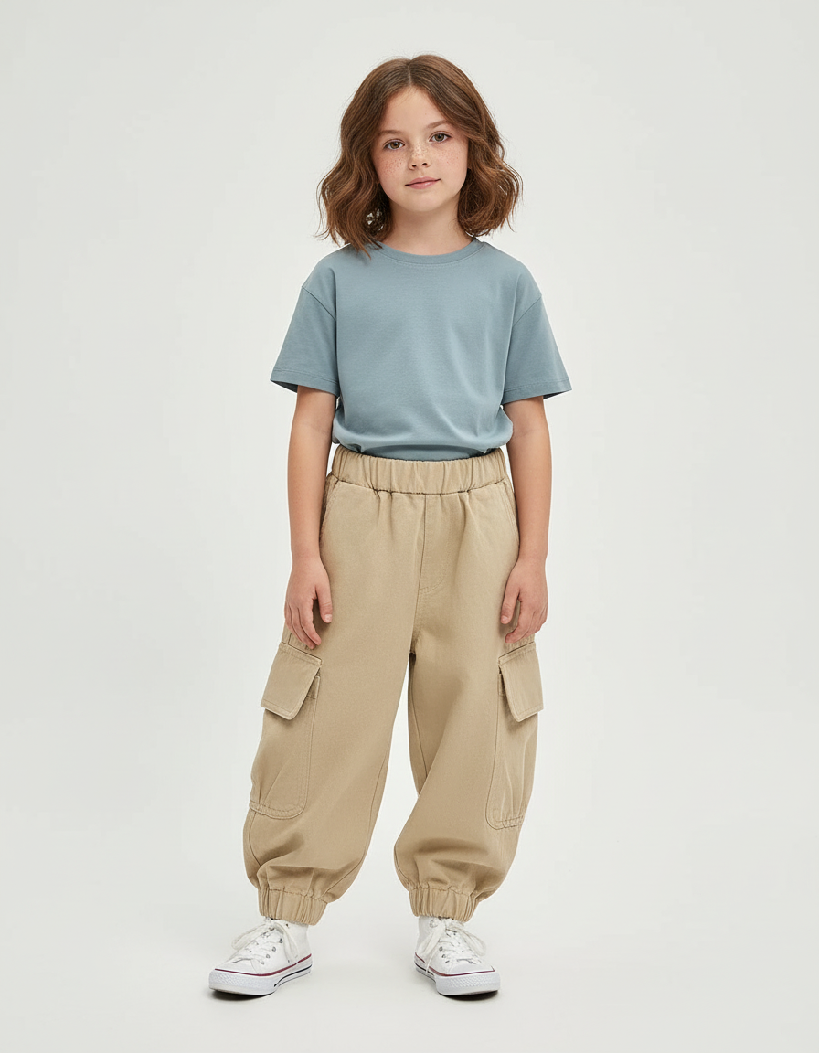Pantalon Cargo Beige Ample Coton Poches Enfants