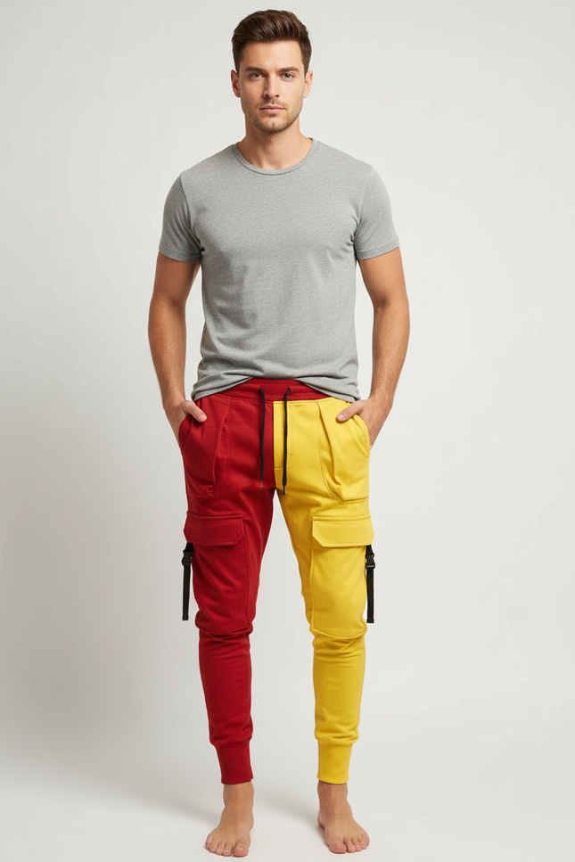 Pantalon Cargo Bicolore Rouge Jaune Multi-Poches Jogger - Multicolore Molleton