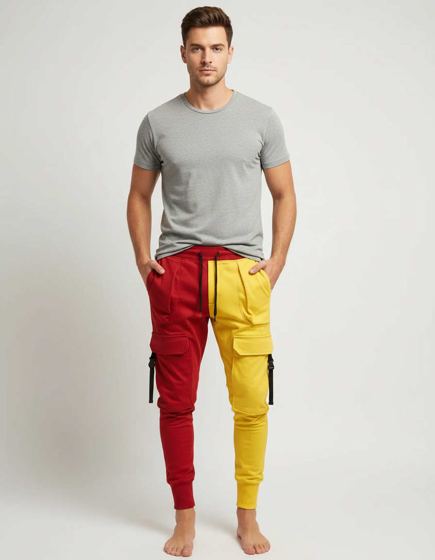 Pantalon Cargo Bicolore Rouge Jaune Multi-Poches Jogger - Multicolore Molleton