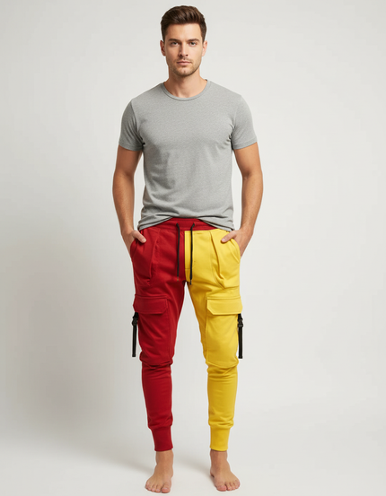 Pantalon Cargo Bicolore Rouge Jaune Multi-Poches Jogger - Multicolore Molleton