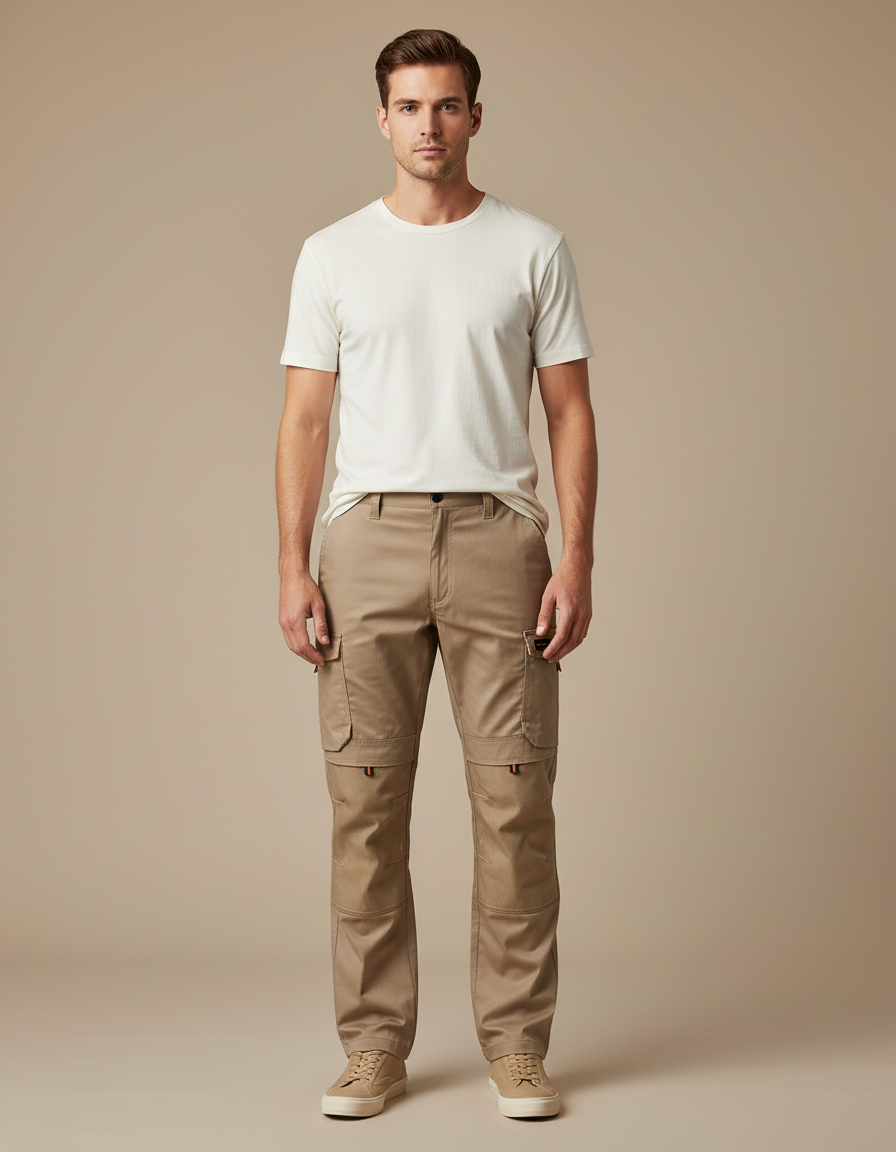 Pantalon Cargo Homme Beige Multipoches Décontracté Résistant - Toile